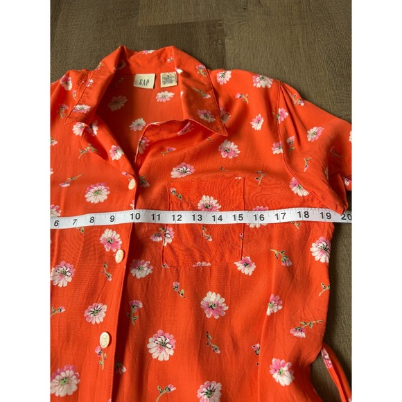 GAP Orange Floral Button Front Shirt Dress‎ S Short Sleeve Belted Rayon Vintage - Picture 7 of 12